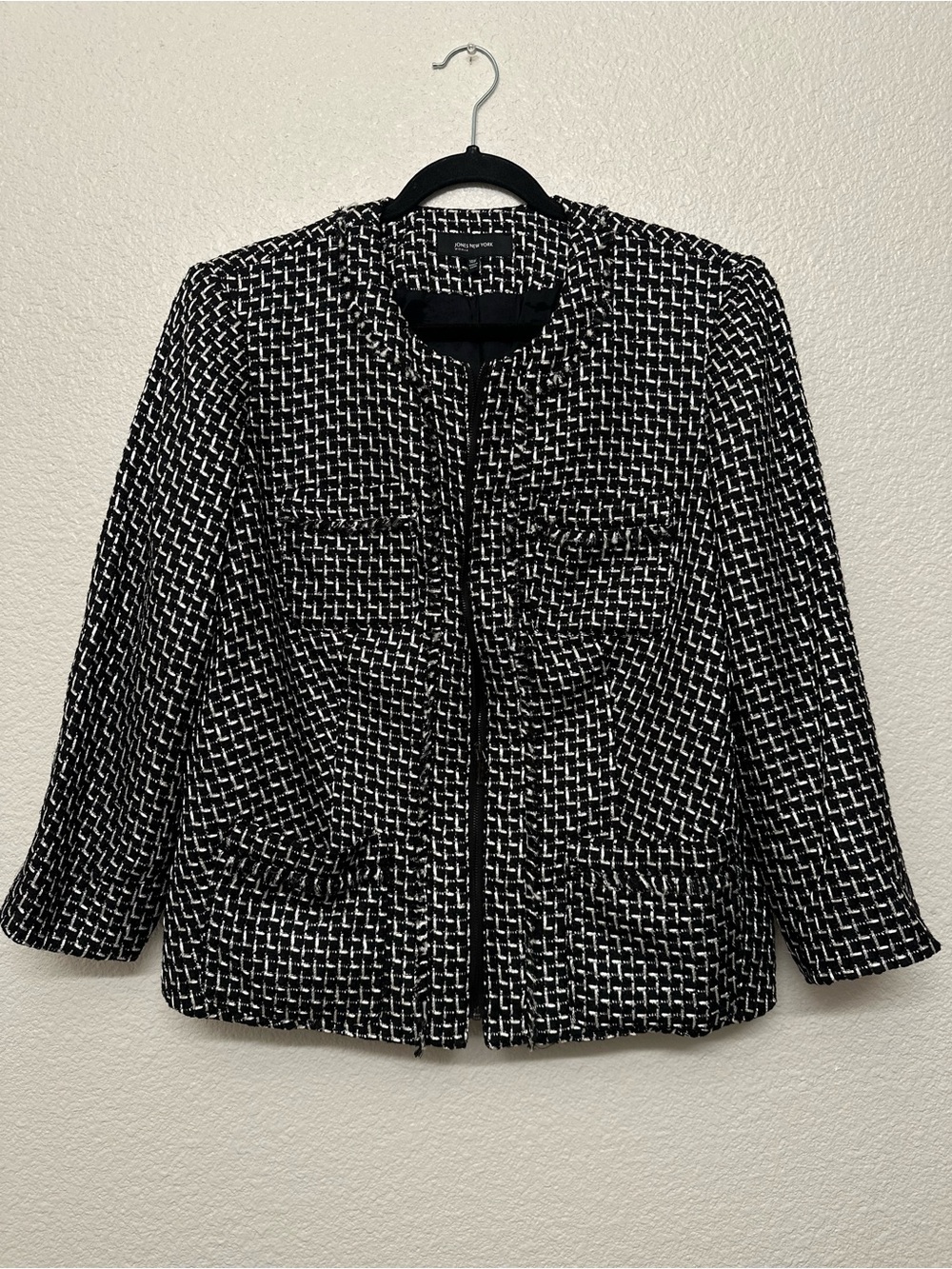Jones New York Black & White Tweed Zip-Front Blazer